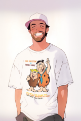 Regular Unisex T-shirt Beyaz 'Çizgi Film&Roman/Taş Devri1' Baskılı