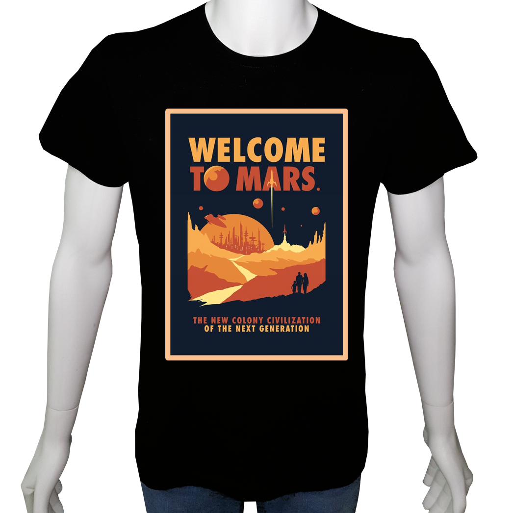 Unisex T-shirt Siyah 'Uçak&Uzay / Mars a hoşgeldin' Baskılı