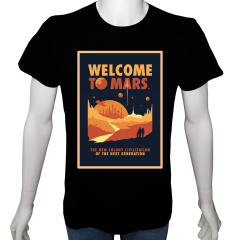 Unisex T-shirt Siyah 'Uçak&Uzay / Mars a hoşgeldin' Baskılı