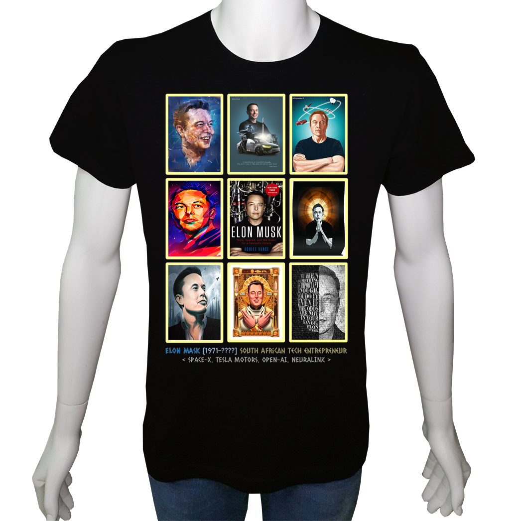 Unisex T-shirt Siyah 'Ünlüler / Elon Mask1' Baskılı