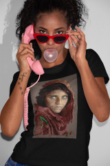 Regular Kadın T-shirt Siyah 'Afgan Kız' Baskılı