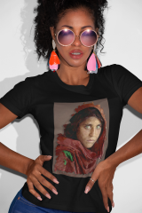 Regular Kadın T-shirt Siyah 'Afgan Kız' Baskılı