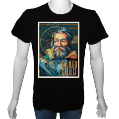 Unisex T-shirt Siyah 'Ünlüler / Galileo Galilei' Baskılı