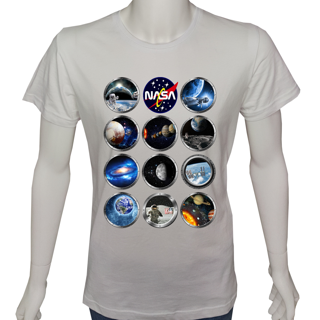 Unisex T-shirt Beyaz 'Uçak&Uzay / Uzay mekiğinin penceresinden' Baskılı