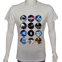 Unisex T-shirt Beyaz 'Uçak&Uzay / Uzay mekiğinin penceresinden' Baskılı