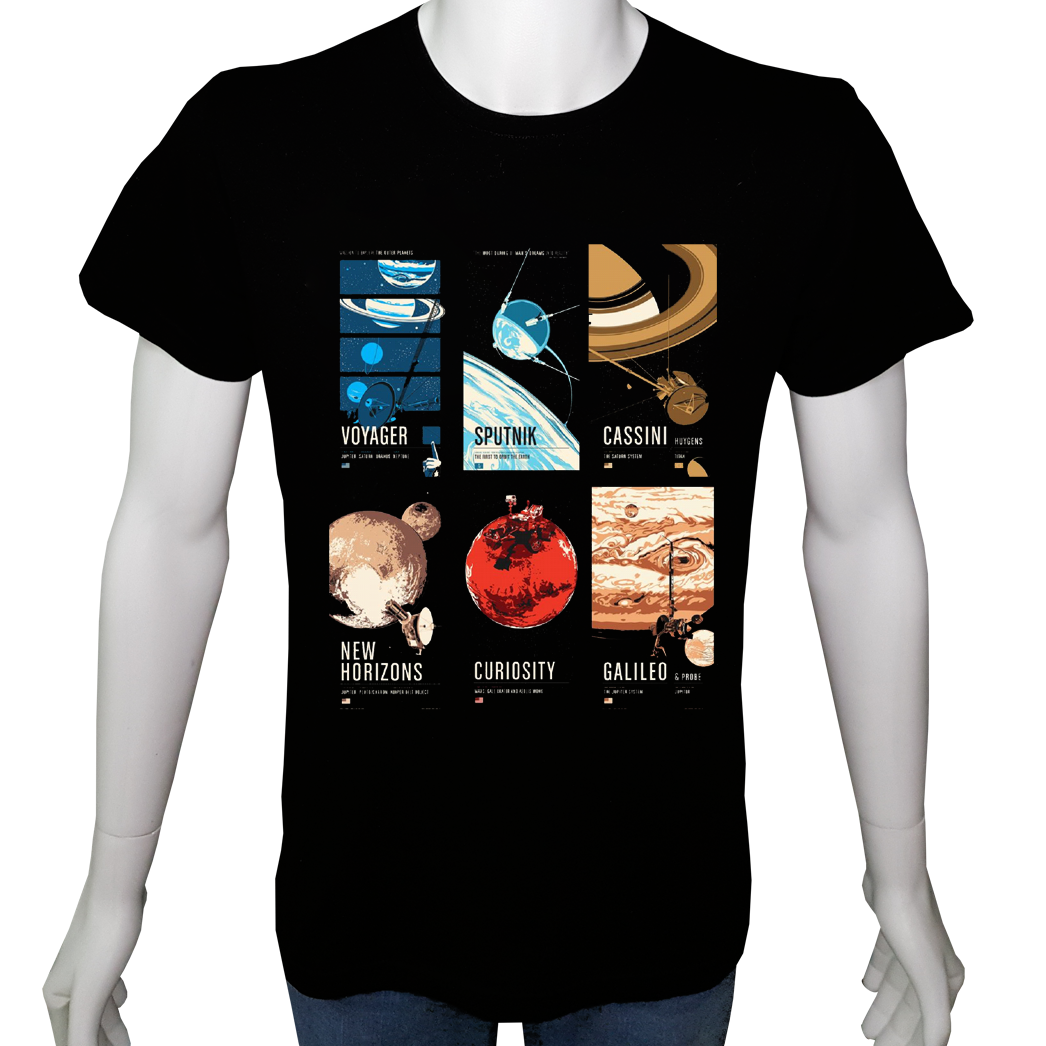 Unisex T-shirt Siyah 'Uçak&Uzay / Uydular1' Baskılı