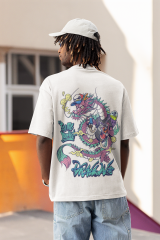 Oversize Unisex T-shirt Beyaz 'Ejdarha1' Baskılı