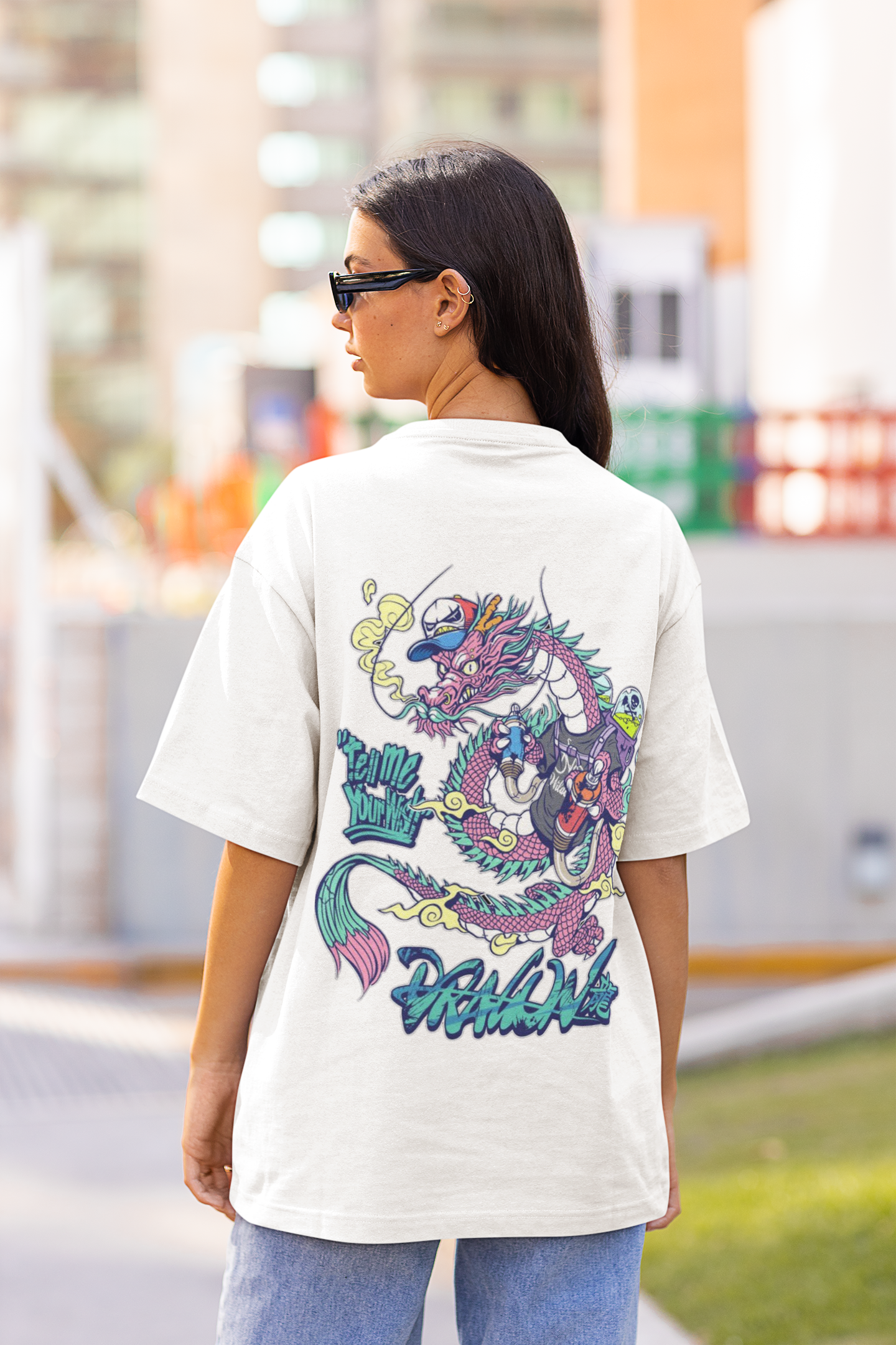 Oversize Unisex T-shirt Beyaz 'Ejdarha1' Baskılı