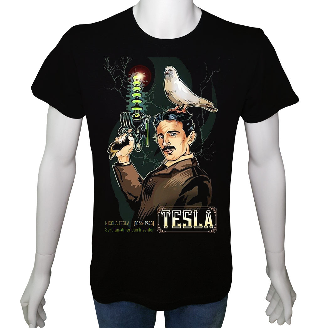 Unisex T-shirt Siyah 'Ünlüler / Nicola Tesla2' Baskılı