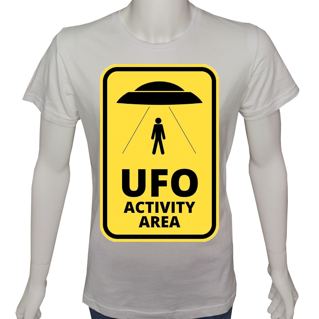 Unisex T-shirt Beyaz 'Uçak&Uzay / Ufo aktivite alanı' Baskılı