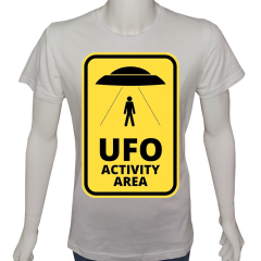 Unisex T-shirt Beyaz 'Uçak&Uzay / Ufo aktivite alanı' Baskılı