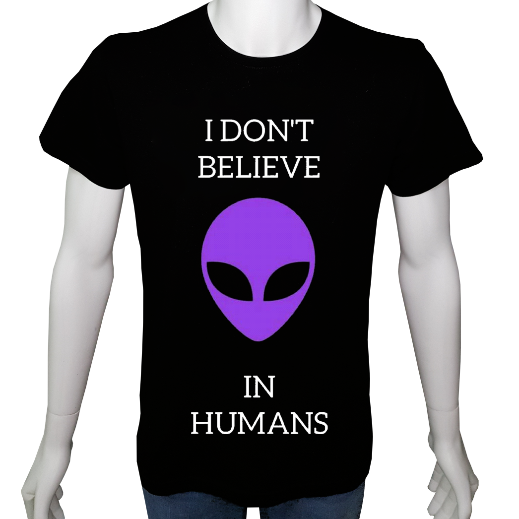 Unisex T-shirt Siyah 'Uçak&Uzay / İnsanlara inanmıyorum' Baskılı