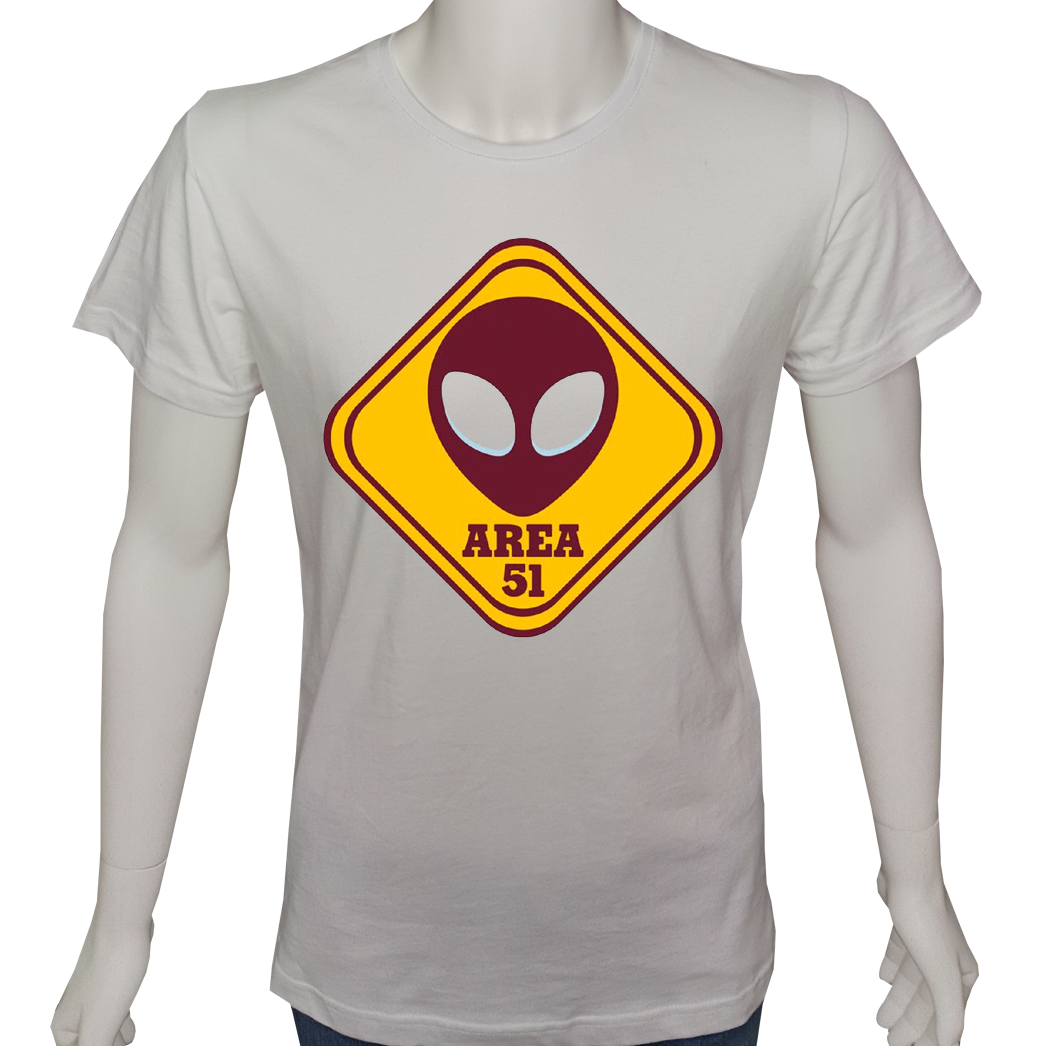 Unisex T-shirt Beyaz 'Uçak&Uzay / 51.Bölge' Baskılı