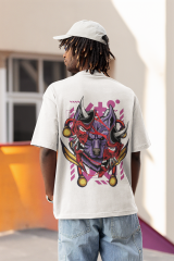 Oversize Unisex T-shirt Beyaz 'Purple Wolf' Baskılı