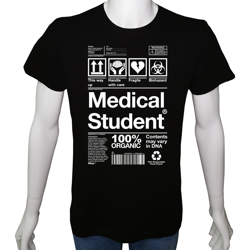 Unisex T-shirt Siyah 'İş&Meslek / Tıp Öğrencisi1' Baskılı