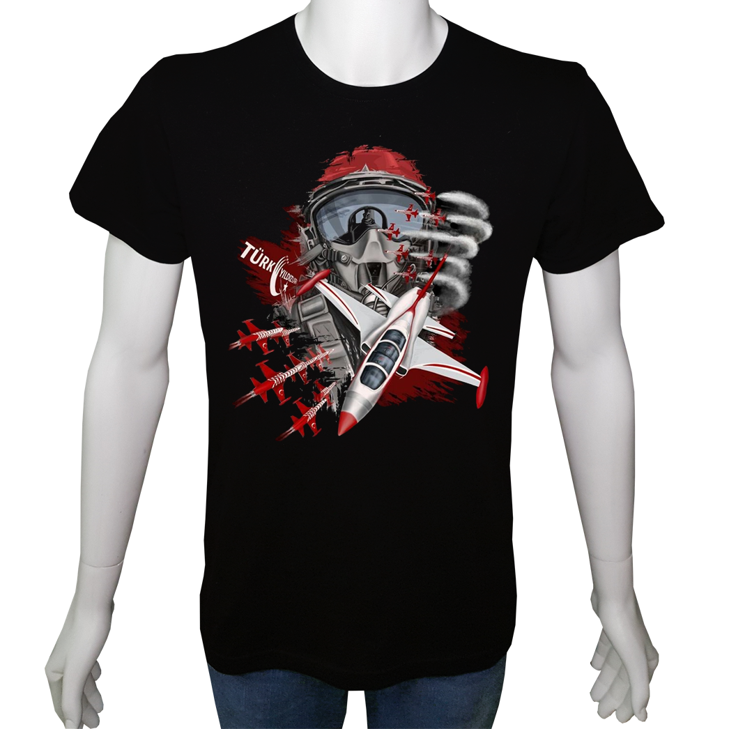 Unisex T-shirt Siyah 'Uçak&Uzay / Türk Yıldızları' Baskılı