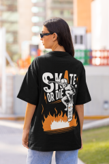 Oversize Unisex T-shirt Siyah 'Skate or Die' Baskılı