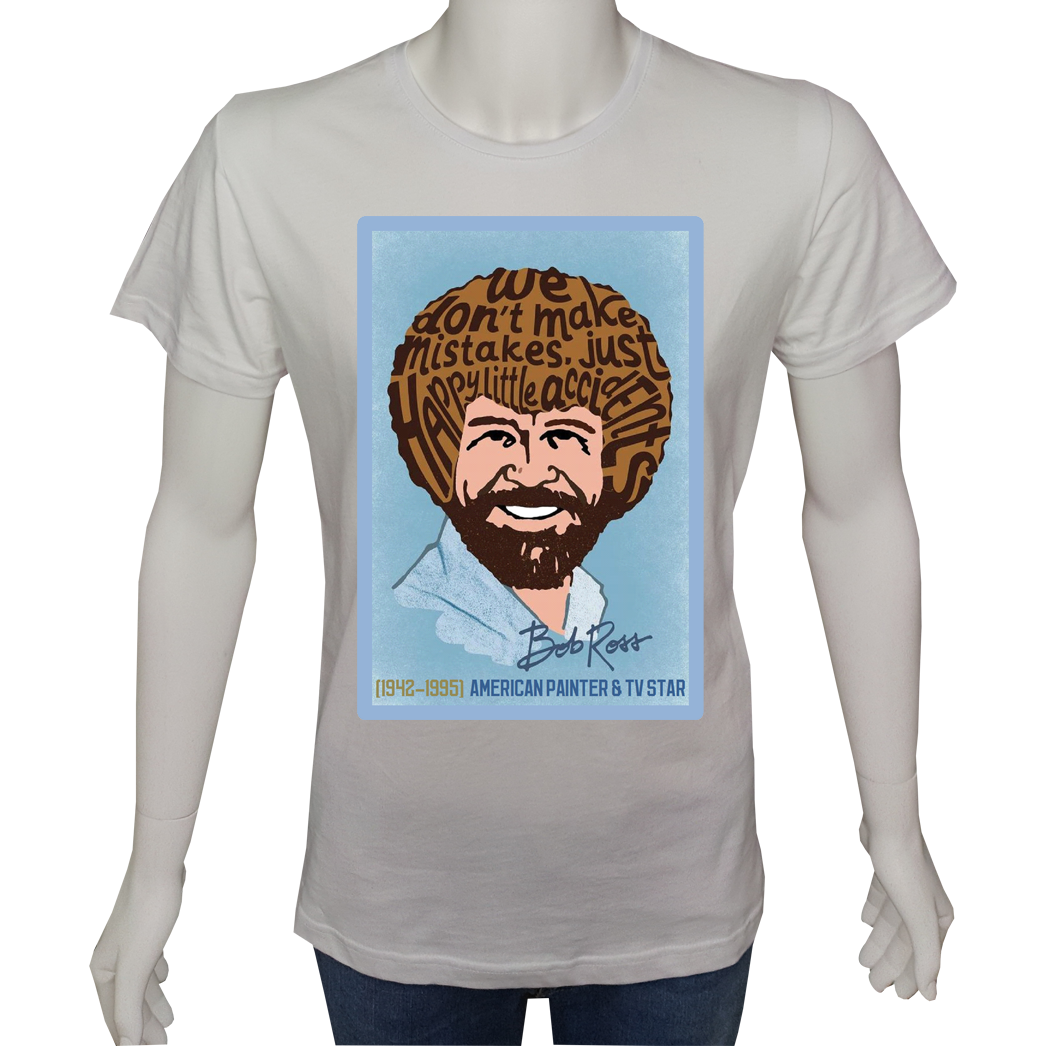 Unisex T-shirt Beyaz 'Ünlüler / Bob Ross1' Baskılı