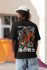 Oversize Unisex T-shirt Siyah 'Orange Fish' Baskılı