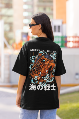 Oversize Unisex T-shirt Siyah 'Orange Fish' Baskılı