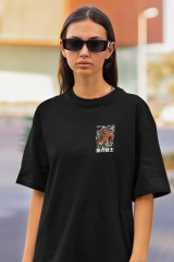 Oversize Unisex T-shirt Siyah 'Orange Fish' Baskılı