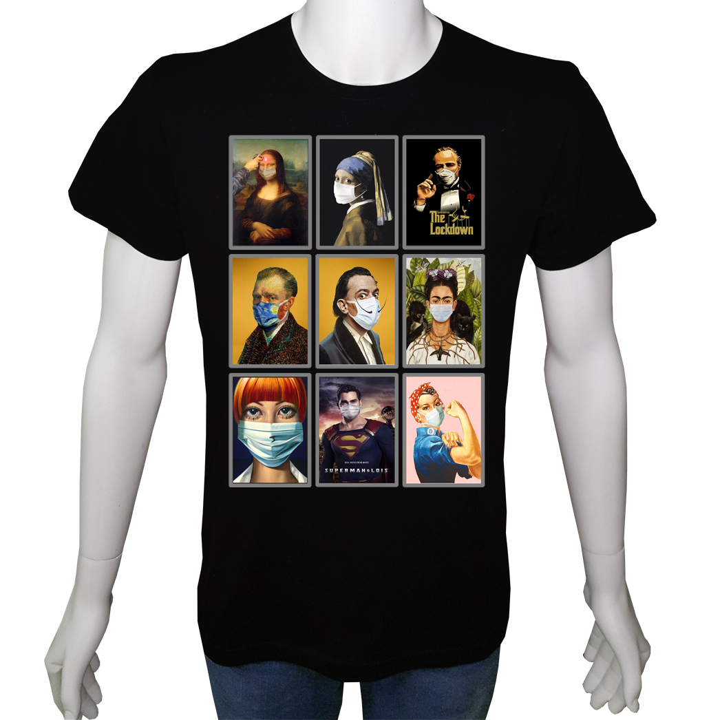 Unisex T-shirt Siyah 'Ünlüler / Covid19' Baskılı