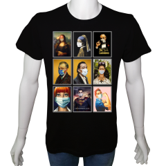 Unisex T-shirt Siyah 'Ünlüler / Covid19' Baskılı