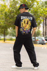 Oversize Unisex T-shirt Siyah 'Smilley' Baskılı