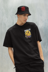 Oversize Unisex T-shirt Siyah 'Smilley' Baskılı