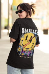 Oversize Unisex T-shirt Siyah 'Smilley' Baskılı
