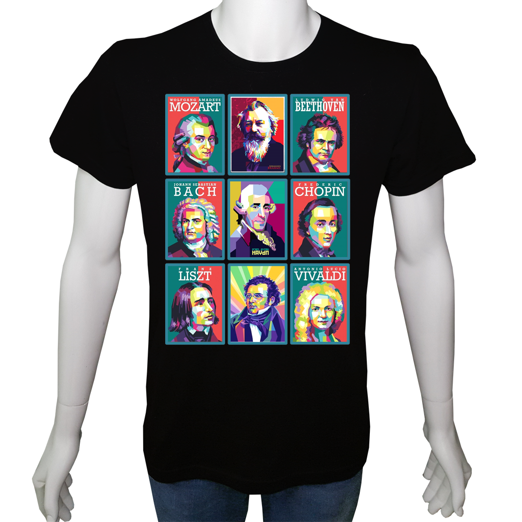 Unisex T-shirt Siyah 'Ünlüler / Klasik Besteciler1' Baskılı