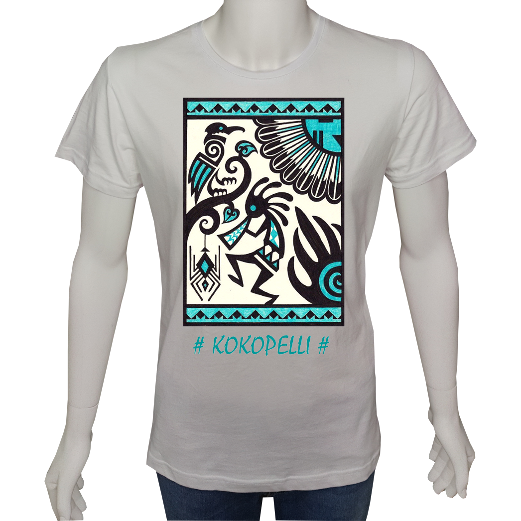 Unisex T-shirt Beyaz 'Antik Kültürler / Kokopelli1' Baskılı