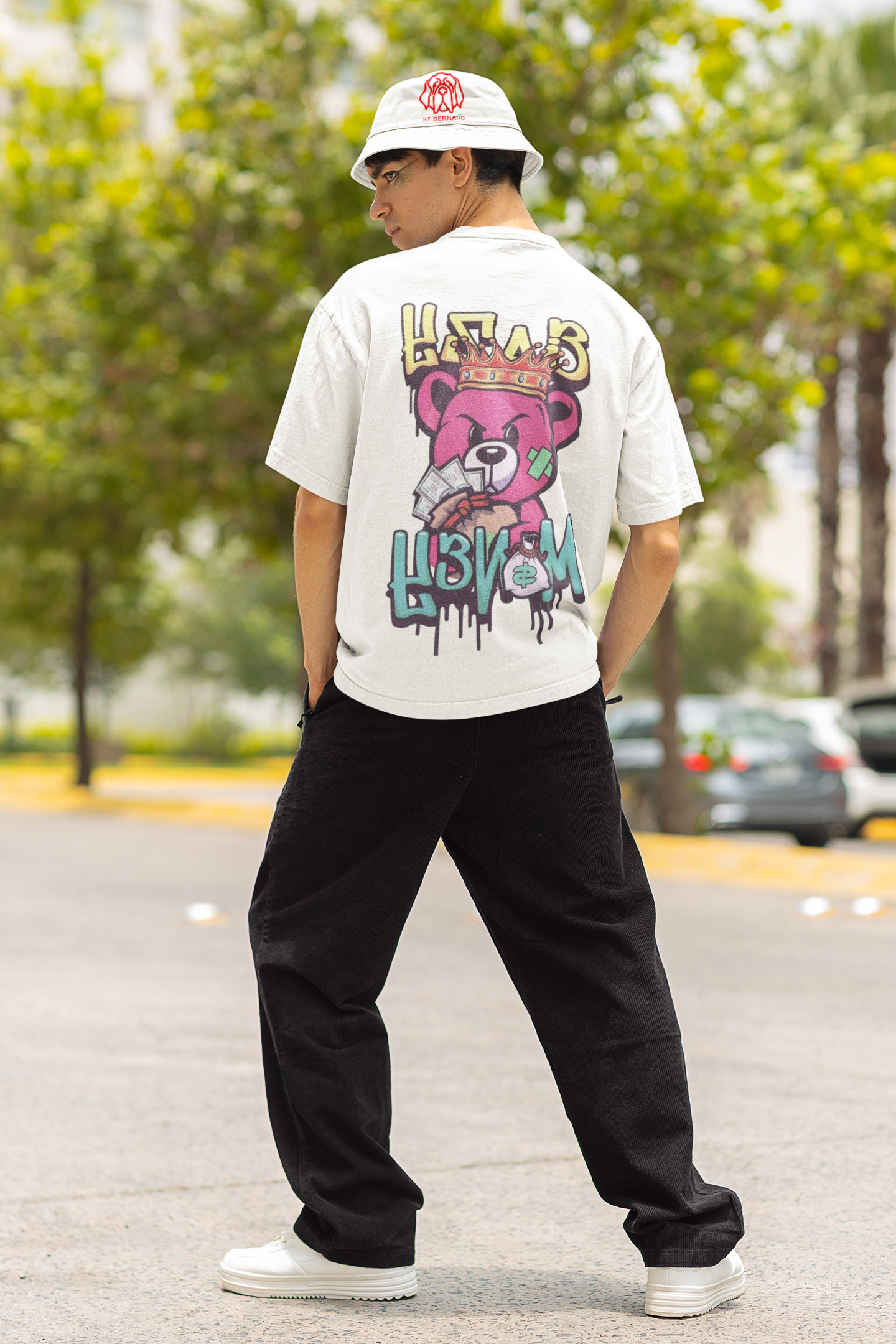 Oversize Unisex T-shirt Beyaz 'Bazy Money' Baskılı