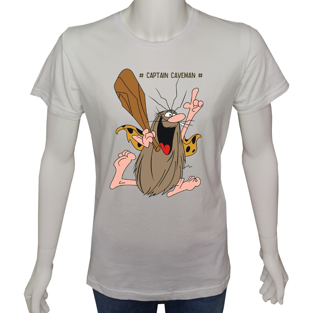 Unisex T-shirt Beyaz 'Çizgi Film&Roman / Captain Caveman1' Baskılı