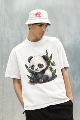 Oversize Unisex T-shirt Beyaz 'Panda' Baskılı