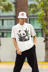 Oversize Unisex T-shirt Beyaz 'Panda' Baskılı
