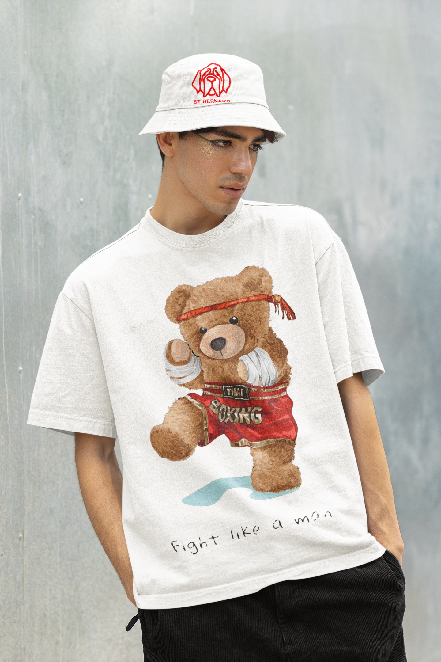 Oversize Unisex T-shirt Beyaz 'Thai Boxing Bear' Baskılı