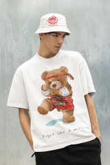 Oversize Unisex T-shirt Beyaz 'Thai Boxing Bear' Baskılı