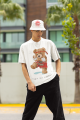 Oversize Unisex T-shirt Beyaz 'Thai Boxing Bear' Baskılı