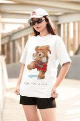 Oversize Unisex T-shirt Beyaz 'Thai Boxing Bear' Baskılı