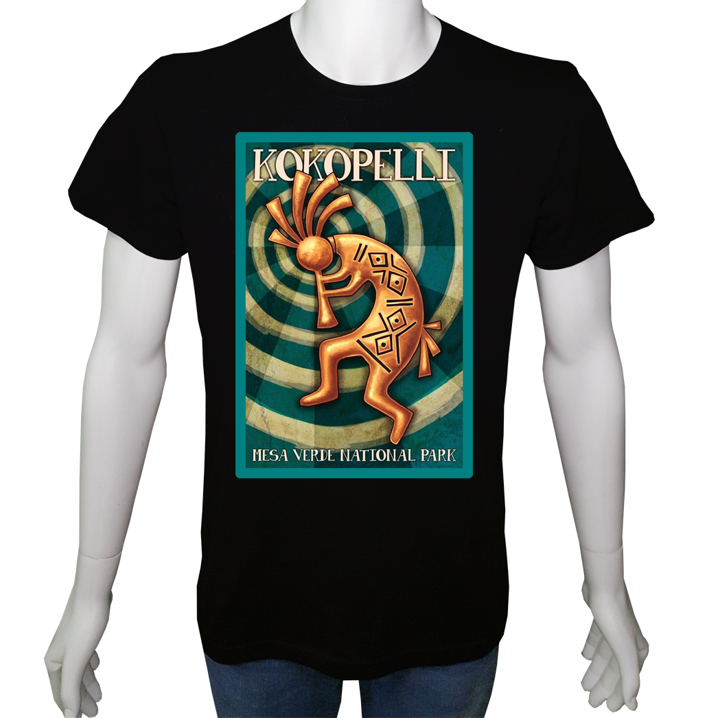 Unisex T-shirt Siyah 'Antik Kültürler / Kokopelli2' Baskılı