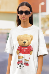 Oversize Unisex T-shirt Beyaz 'Soccer Player Bear' Baskılı