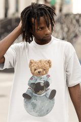 Oversize Unisex T-shirt Beyaz 'Astronaut Bear' Baskılı