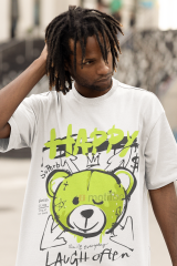 Oversize Unisex T-shirt Beyaz 'Happy Bear' Baskılı