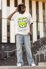 Oversize Unisex T-shirt Beyaz 'Happy Bear' Baskılı