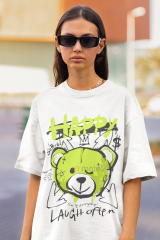 Oversize Unisex T-shirt Beyaz 'Happy Bear' Baskılı