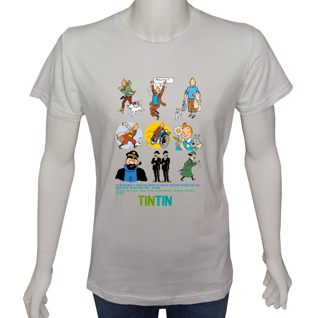 Unisex T-shirt Beyaz 'Çizgi Film&Roman / TinTin1' Baskılı