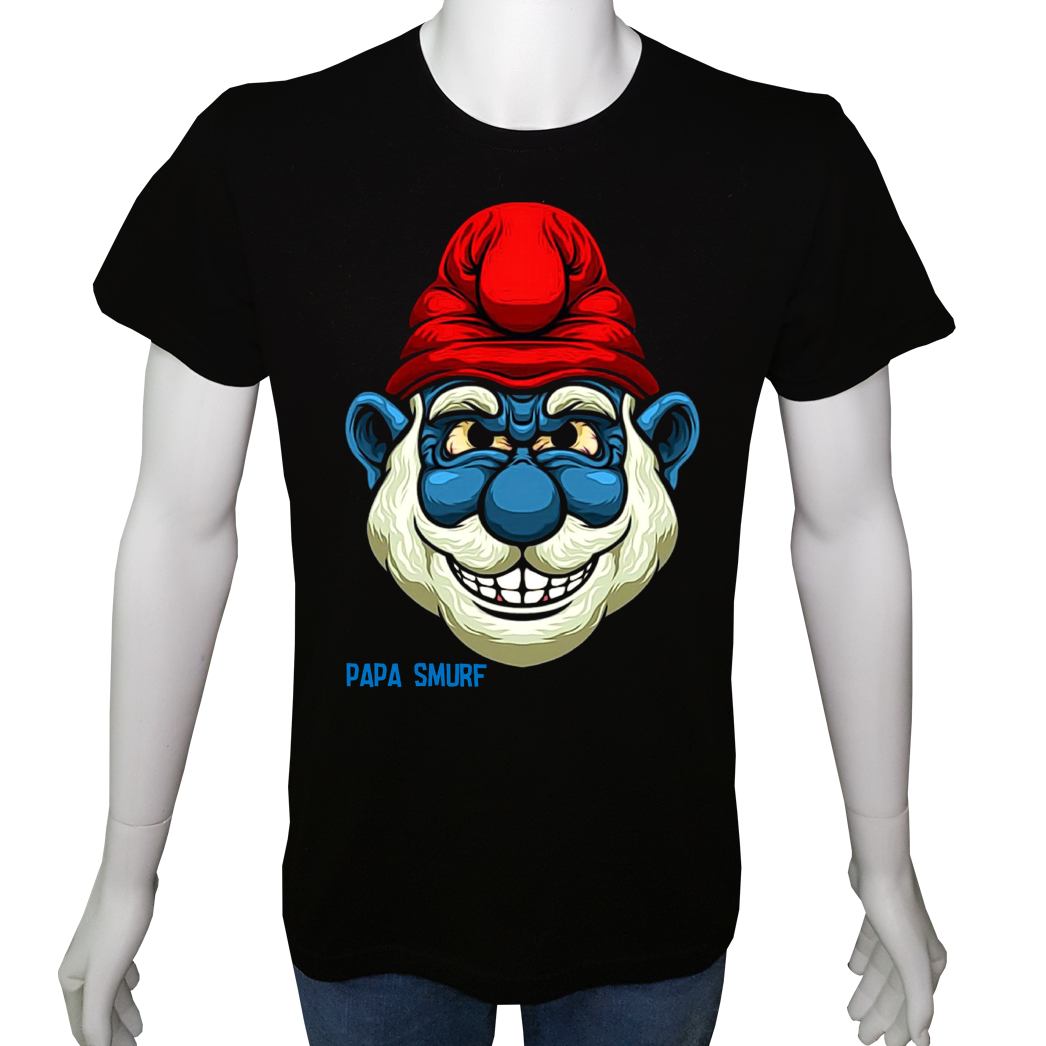 Unisex T-shirt Siyah 'Çizgi Film&Roman / Şirin Baba' Baskılı