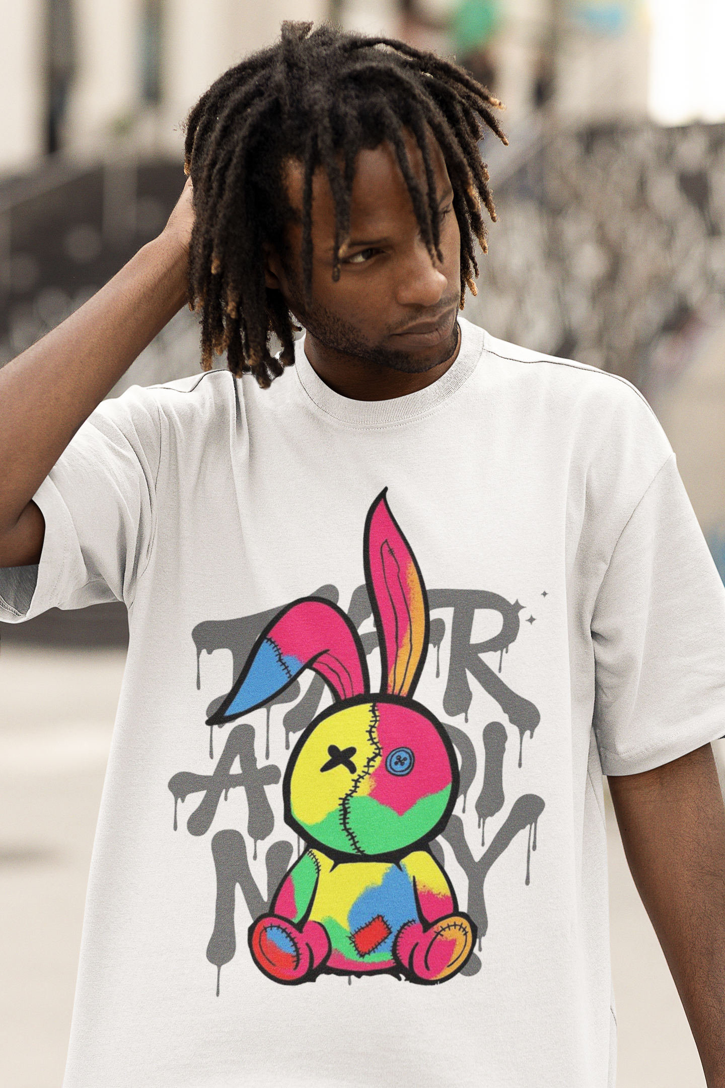 Oversize Unisex T-shirt Beyaz 'Colorful Rabbit' Baskılı