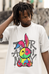 Oversize Unisex T-shirt Beyaz 'Colorful Rabbit' Baskılı